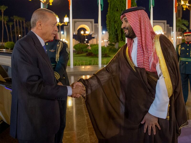 Turkish leader Recep Tayyip Erdogan meets Crown Prince Mohammed bin Salman in Jeddah, Saudi Arabia. SPA