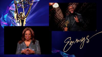 IMAGE DISTRIBUTED FOR THE TELEVISION ACADEMY - Oprah Winfrey presents the Governors Award to Tyler Perry during the 72nd Emmy Awards telecast on Sunday, Sept. 20, 2020 at 8:00 PM EDT/5:00 PM PDT on ABC. (Invision for the Television Academy/AP)