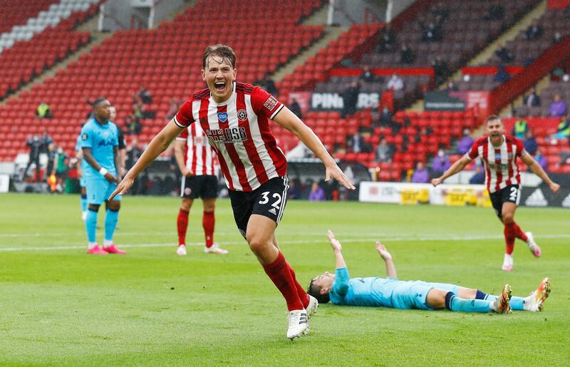 Sheffield United's Sander Berge celebrates the opening goal against Tottenham Hotspur at Bramall Lane, on Thursday, July 2. The Blades won the match 3-1. Reuters
