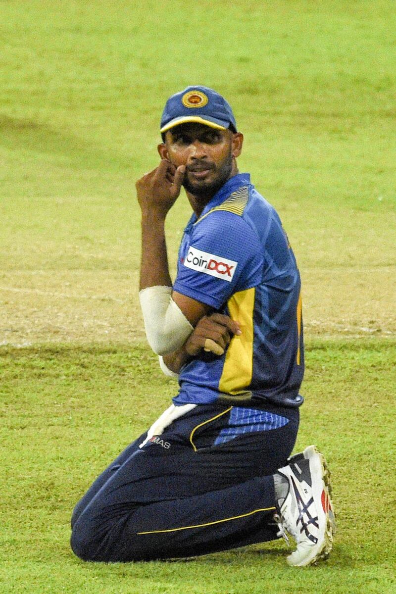 Sri Lanka's cricket captain Dasun Shanaka reacts during the second ODI at the R. Premadasa Stadium in Colombo.