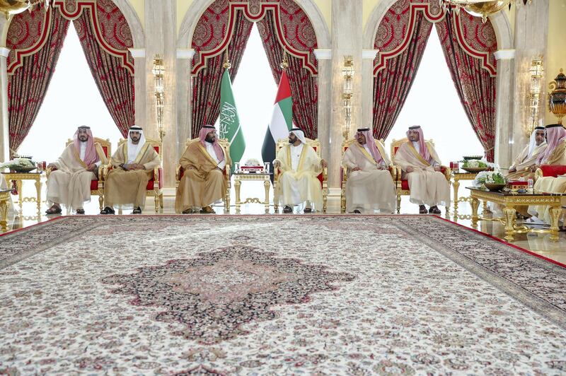Sheikh Mohammed bin Rashid, UAE Vice President and Ruler of Dubai, receives Saudi Crown Prince Mohammed bin Salman at Zabeel Palace. Wam
