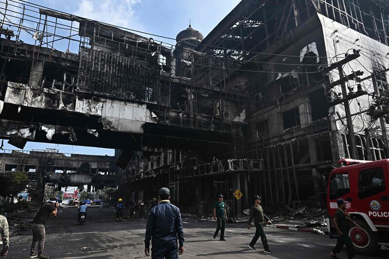 A destroyed part of the Grand Diamond City hotel-casino after a fire in Poipet, Cambodia on December 29.  AFP