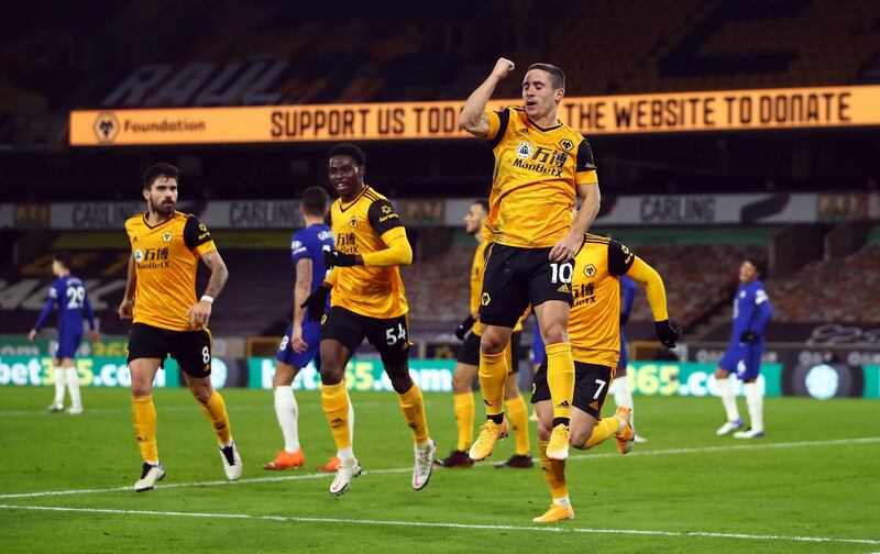 Daniel Podence celebrates scoring Wolves' first. PA