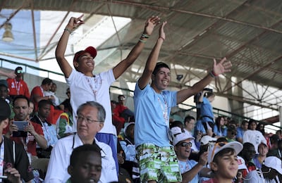 DUBAI , UNITED ARAB EMIRATES , March 18 – 2019 :- Spectators cheering up during the Special Olympic games held at Dubai Police Stadium in Dubai. ( Pawan Singh / The National ) For News/Sports/Online/Instagram/Big Picture.
