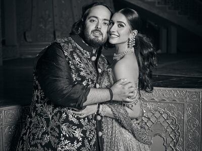 Anant Ambani and Radhika Merchant at their pre-wedding event in Jamnagar, dressed by Manish Malhotra. Photo: Manish Malhotra