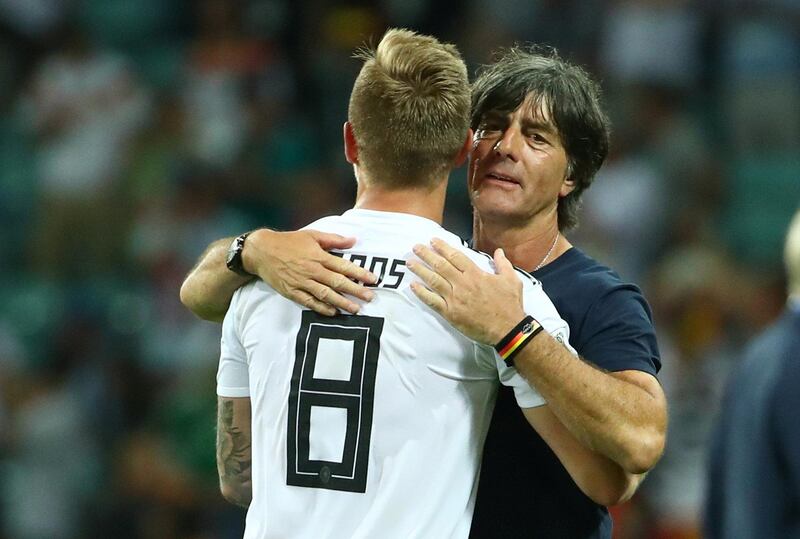 Soccer Football - World Cup - Group F - Germany vs Sweden - Fisht Stadium, Sochi, Russia - June 23, 2018   Germany's Toni Kroos celebrates after the match with coach Joachim Low     REUTERS/Michael Dalder