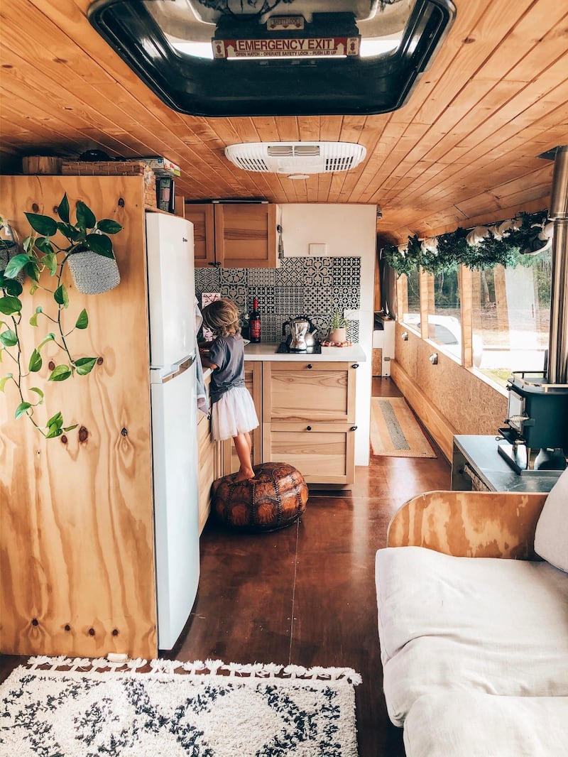The bus is now home to a homely living space, a kitchen complete with a full size fridge-freezer, stove and washing machine, a master bedroom with a spacious queen-size bed, an extra bedroom for the girls and even a bath and shower room. Courtesy Marte Snorresdotter Rovik    