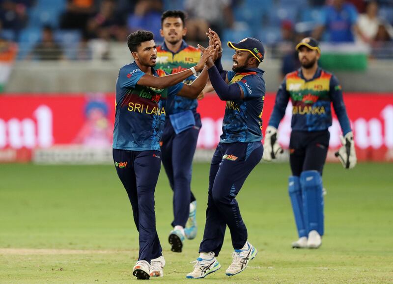 Sri Lanka's Dilshan Madushanka celebrates the wicket of India's Deepak Hooda. Chris Whiteoak / The National