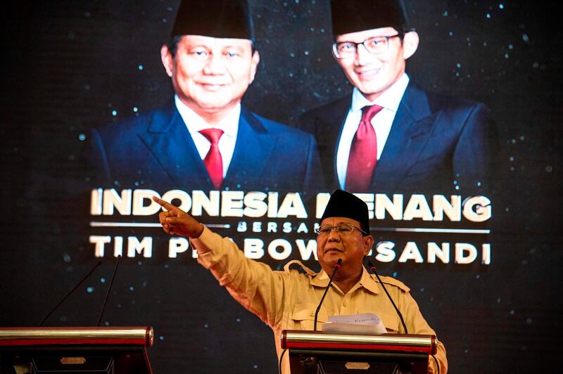 Indonesian presidential candidate Prabowo Subianto delivers his speech during a campaign rally in Surabaya on April 12, 2019.  AFP