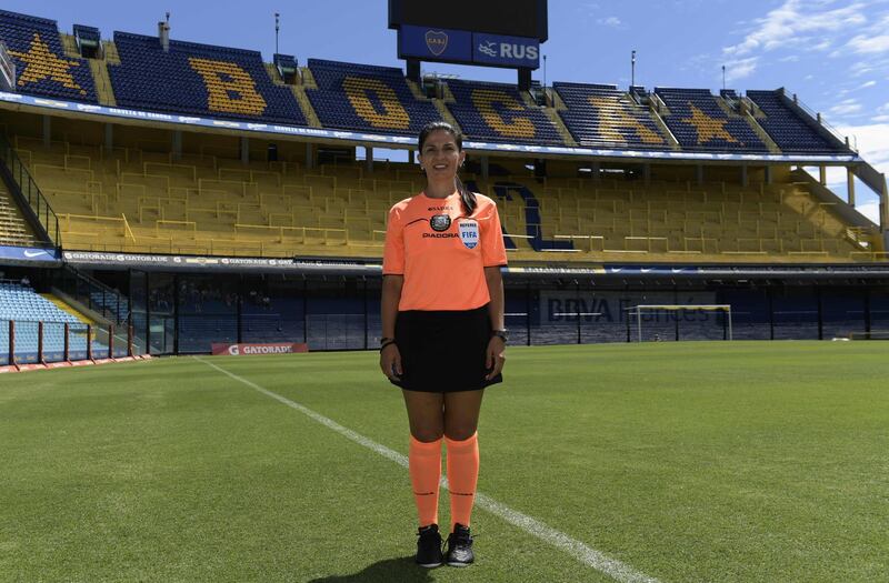 Argentine referee Estela Alvarez de Olivera poses at the Boca Juniors football team stadium "La Bombonera", in Buenos Aires. Juan Mabromata / AFP Photo