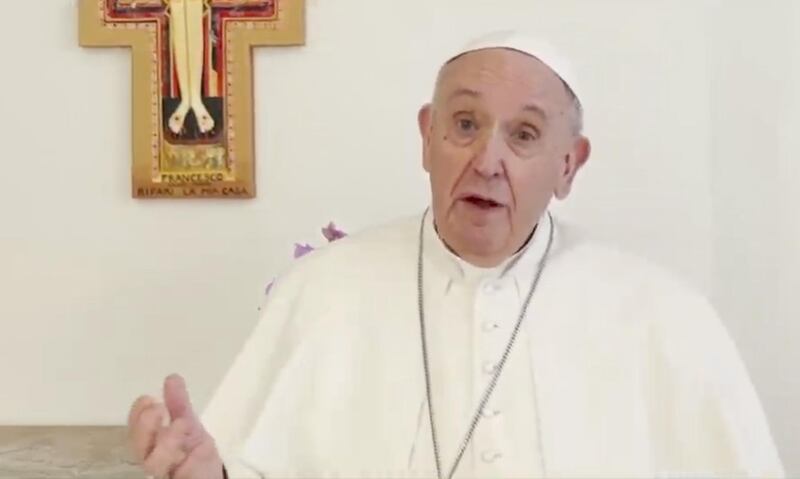 Pope Francis speaks during the virtual Leaders Summit on Climate in a video screenshot on Thursday, April 22, 2021. President Biden pledged to cut U.S. greenhouse gas emissions in half by 2030 as he convenes 40 world leaders in a virtual summit intended to demonstrate renewed American resolve to fight climate change and pressure wary nations to raise their own ambitions. Source: White House/Bloomberg