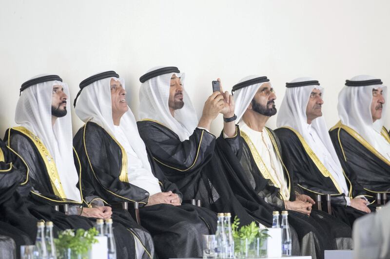 ABU DHABI, UNITED ARAB EMIRATES - February 26, 2018: (L-R) HH Sheikh Hamdan bin Mohamed Al Maktoum, Crown Prince of Dubai, HH Sheikh Saud bin Saqr Al Qasimi, UAE Supreme Council Member and Ruler of Ras Al Khaimah, HH Sheikh Mohamed bin Zayed Al Nahyan, Crown Prince of Abu Dhabi and Deputy Supreme Commander of the UAE Armed Forces, HH Sheikh Mohamed bin Rashid Al Maktoum, Vice-President, Prime Minister of the UAE, Ruler of Dubai and Minister of Defence, HH Sheikh Hamad bin Mohamed Al Sharqi, UAE Supreme Council Member and Ruler of Fujairah, and HH Sheikh Saud bin Rashid Al Mu'alla, UAE Supreme Council Member and Ruler of Umm Al Quwain, attend the inauguration of The Founder’s Memorial.  
( Ryan Carter for the Crown Prince Court - Abu Dhabi )
---