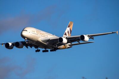 Etihad Airways Airbus A380 with registration A6-APG landing in London Heathrow International Airport in England during a nice day. Etihad or EY is based at Abu Dhabi International Airport in United Arab Emirates and is the flag carrier of UAE. The airline connects daily Abu Dhabi Airport AUH / OMAA to London Heathrow LHR / EGLL. Airbus A380-800 double decker airplane is currently the largest airplane in the world. (Photo by Nicolas Economou/NurPhoto via Getty Images)