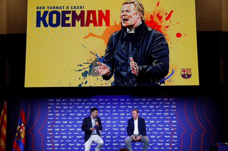 Ronald Koeman, right, and Barcelona president, Josep Maria Bartomeu (L), during the presentation of Koeman as the club's new head coach. EPA