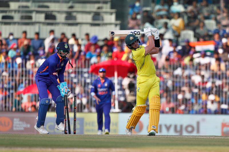 Australia's Sean Abbott is bowled by Axar Patel of India for 26. Getty