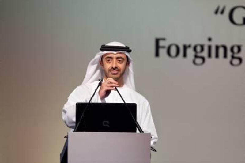 UAE - Dubai - April 18- 2011:   HH Sheikh Abdullah bin Zayed bin Sultan Al Nahyan, minister of foreign affairs, give a speech during the conference " Global Challenge, Regional Responses: Forging a Common Approach to Maritime Piracy" at Madinat Jumeirah Hotel. ( Jaime Puebla - The National Newspaper )