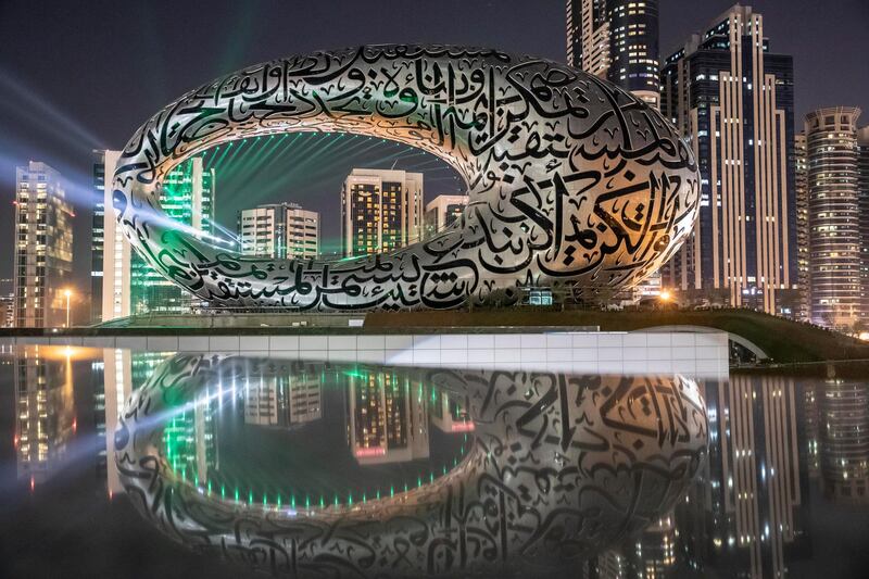 DUBAI UNITED ARAB EMIRATES. 01 DECEMBER 2020. Test of the light show to celebrate the 49th UAE National Day celebrations projected on the Museum of The Future. (Photo: Antonie Robertson/The National) Journalist: None. Section: National.
