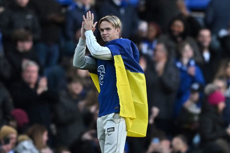 Chelsea's new signing, Ukrainian midfielder Mykhailo Mudryk, is introduced to the crowd at half-time. AFP