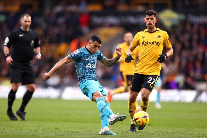 Spurs' Pedro Porro shoots at goal. Getty