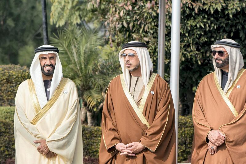 ISLAMABAD, PAKISTAN - January 06, 2019: (R-L) HE Mohamed Ahmad Al Bowardi, UAE Minister of State for Defence Affairs, HH Sheikh Mansour bin Zayed Al Nahyan, UAE Deputy Prime Minister and Minister of Presidential Affairs and HH Sheikh Nahyan Bin Zayed Al Nahyan, Chairman of the Board of Trustees of Zayed bin Sultan Al Nahyan Charitable and Humanitarian Foundation, attend a reception at the Prime Minister's residence.

( Rashed Al Mansoori / Ministry of Presidential Affairs )
---?