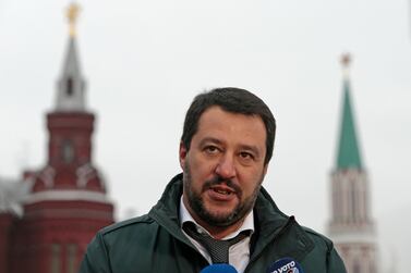 Matteo Salvini near Red Square outside the Kremlin in Moscow, Russia. AP 