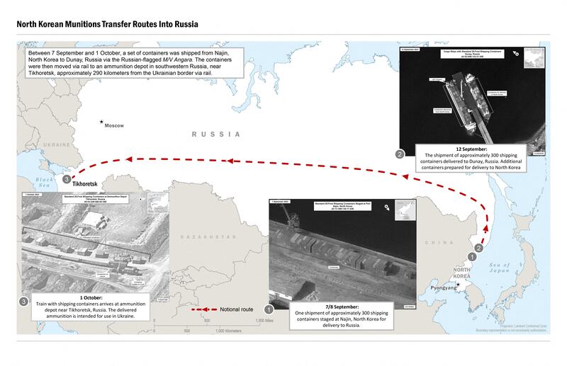 This image released by the US government purportedly shows the transfer of military equipment from North Korea to Russia. US Government / AFP