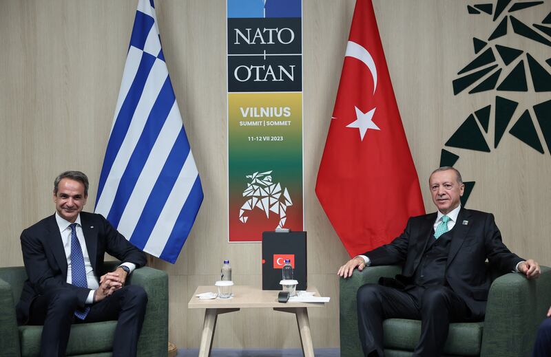 Turkish President Recep Tayyip Erdogan with Greece's Prime Minister Kyriakos Mitsotakis. Reuters
