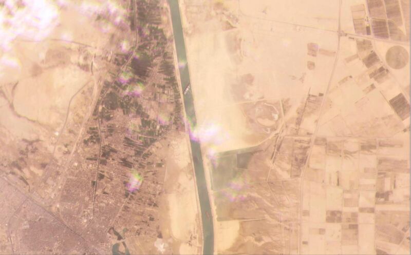 This satellite image from Planet Labs shows the cargo ship 'MV Ever Given', stuck in the Suez Canal. AP Photo