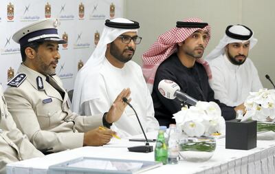 ABU DHABI , UNITED ARAB EMIRATES , Dec 23  – 2019 :- Left to Right -  Brigadier Nasser S.Al Maskeri, Abu Dhabi Police,  Mohamed Jadah , Director Wireless Networks & Services, TRA, Ahmad Al Shamsi, Director Technology Development Affairs, TRA and Abdalla Mohamed Al Salman, Wireless Networks Operations Engineer, TRA during the Joint press conference between the Telecommunication Regulatory Authority (TRA) and Abu Dhabi Police about the international accreditation of the Fazzaa emergency call centre “eCall” held at TRA office in Abu Dhabi. ( Pawan Singh / The National ) For News. Story by Haneen