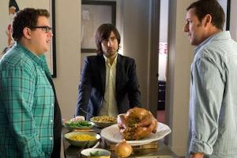 The comic actors Jonah Hill, Jason Schwartzman and Adam Sandler star in Judd Apatow's latest movie, Funny People - a film that tackles a serious subject.