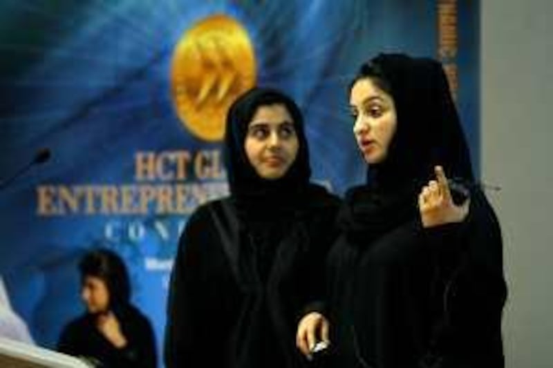 
DUBAI, UNITED ARAB EMIRATES, Mar 8- Left to Right- Alia Falaknaz and Khawla Khoory talking about Boutique on Wheels project during the Entrepreneurial Planning & Innovation Competition at HCTÕs Dubai MenÕs College in Dubai. (Pawan Singh / The National) For News. Story by Melanei
