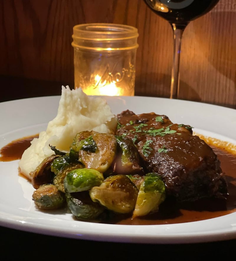Meat lovers are sure to enjoy the slow-braised short ribs with glazed Brussels sprouts and mashed potatoes.