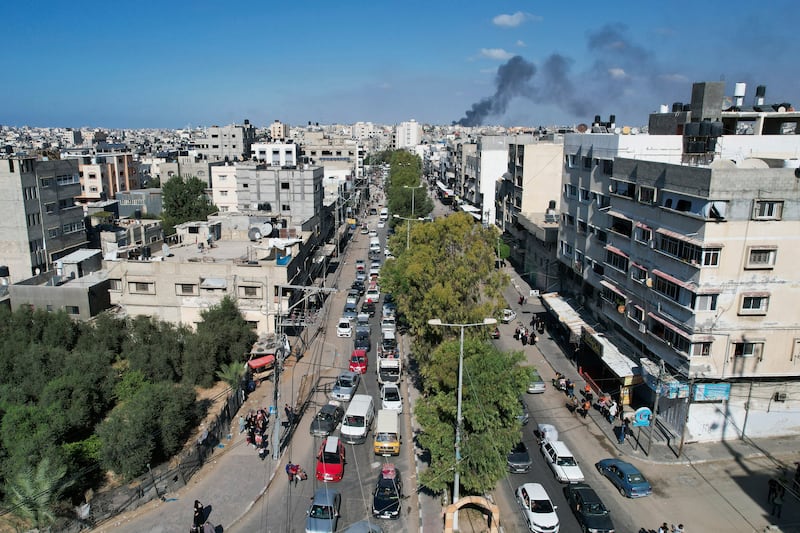 Palestinians flee from northern Gaza towards the south after the Israeli army demanded the population of more than a million people leave before a ground invasion. AP