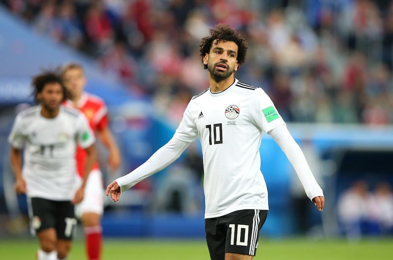 SAINT PETERSBURG, RUSSIA - JUNE 19:  Mohamed Salah of Egypt looks on during the 2018 FIFA World Cup Russia group A match between Russia and Egypt at Saint Petersburg Stadium on June 19, 2018 in Saint Petersburg, Russia.  (Photo by Alex Livesey/Getty Images)
