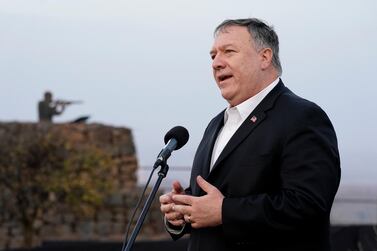 Secretary of State Mike Pompeo speaks after a security briefing on Mount Bental in the Israeli-controlled Golan Heights, near the Israeli-Syrian border. AP