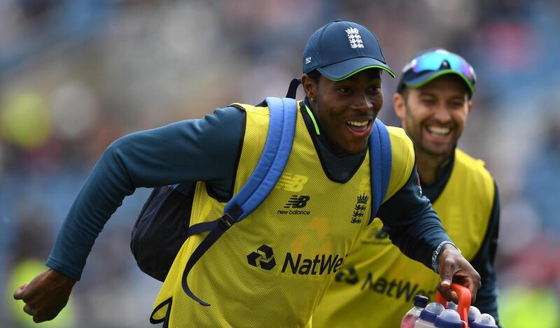LEEDS, ENGLAND - MAY 19: Jofra Archer and Mark Wood of England carry on the drinks during the 5th One Day International between England and Pakistan at Headingley on May 19, 2019 in Leeds, England. (Photo by Gareth Copley/Getty Images)