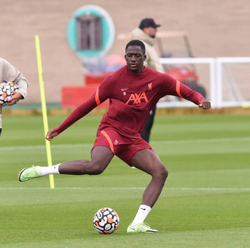 Ibrahima Konate trains in Kirkby.