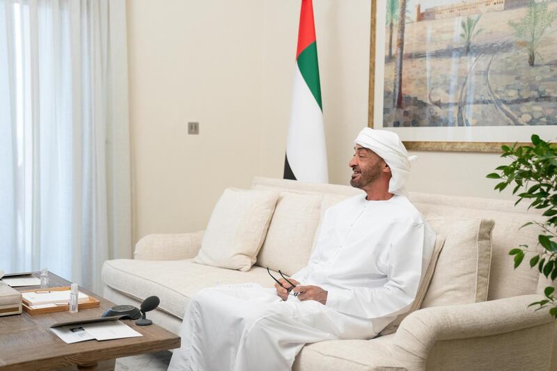 ABU DHABI, UNITED ARAB EMIRATES - May 03, 2020: HH Sheikh Mohamed bin Zayed Al Nahyan, Crown Prince of Abu Dhabi and Deputy Supreme Commander of the UAE Armed Forces, participates in an online lecture by HE Mariam Mohamed Saeed Hareb Al Mehairi, UAE Minister of State for Food Security, titled “ Nourishing the Nation: Food Security in the UAE ”. The lecture was broadcast on Al Emarat Channel as part of the Ramadan lecture series of Majlis Mohamed bin Zayed. 

( Rashed Al Mansoori / Ministry of Presidential Affairs )
---