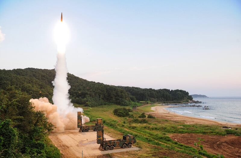 epa06182277 A handout photo made available by South Korea Defense Ministry shows a Hyunmoo-2 missile being launched at an undisclosed location on the east coast of South Korea, 04 September 2017, as the South Korean military conducts a combined live-fire exercise in response to North Korea's sixth nuclear test a day earlier. The training involved the country's Hyunmoo ballistic missile and F-15K fighter jets.  EPA/SOUTH KOREA DEFENSE MINISTRY HANDOUT  HANDOUT EDITORIAL USE ONLY/NO SALES