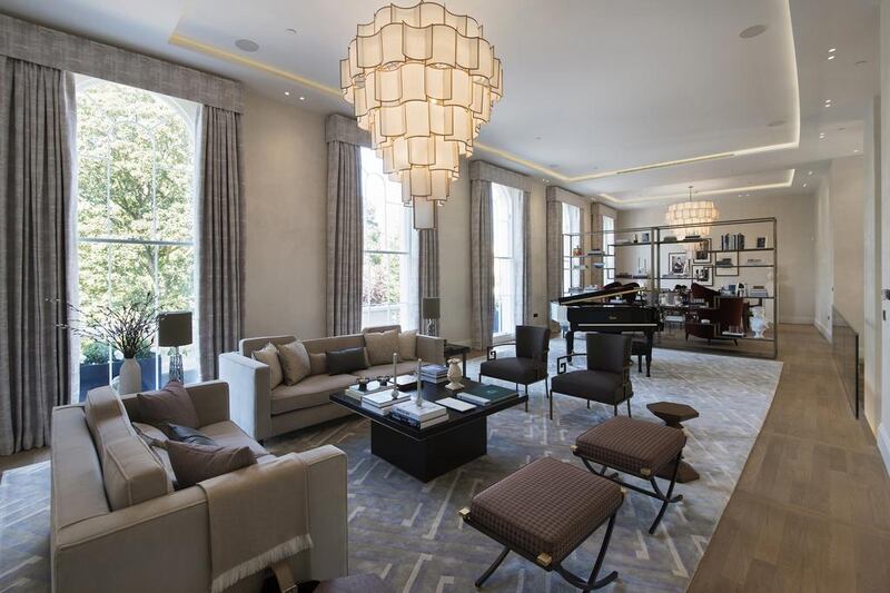 A triple reception room at one of the residences at The Park Crescent. Courtesy Amazon Property
