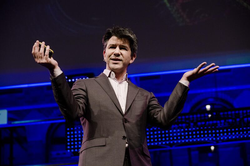 Travis Kalanick, billionaire and chief executive officer of Uber Technologies Inc., gestures whilst speaking during the opening of "Startup Fest", a five-day conference to showcase Dutch innovation, in Amsterdam, Netherlands, on Tuesday, May 24, 2016. The Digital City Index for 2015 ranked Amsterdam Europe's second-best city, behind London, for tech startups. Photographer: Marlene Awaad/Bloomberg *** Local Caption *** Travis Kalanick