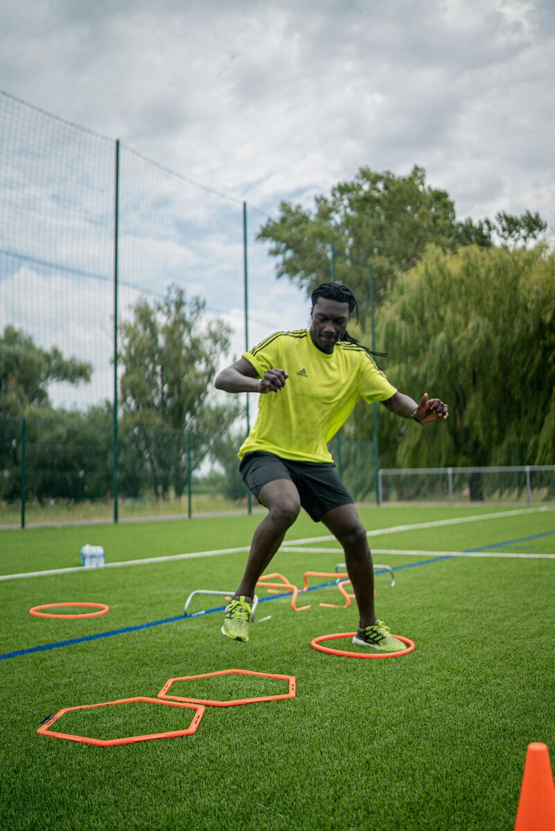 Al Hilal striker Bafetimbi Gomis takes part in training drills. Credit: Courtesy Adidas