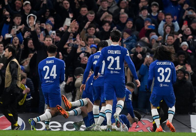 Kai Havertz of Chelsea celebrates with teammates after scoring the second goal. EPA 