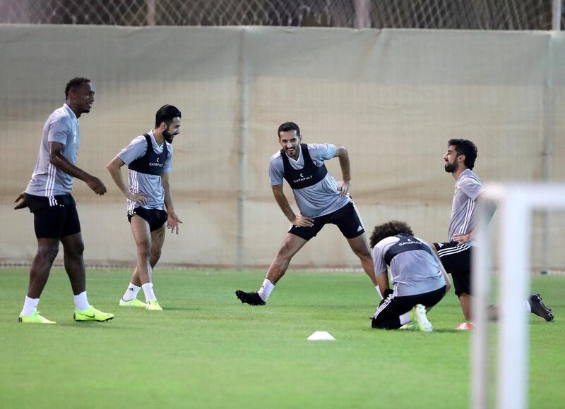 Dubai, United Arab Emirates - October 07, 2019: The UAE's Ali Mabkhout trains. The UAE football team trains before their upcoming fixture Indonesia. Monday the 7th of October 2019. Al Wasl Sports Club, Dubai. Chris Whiteoak / The National