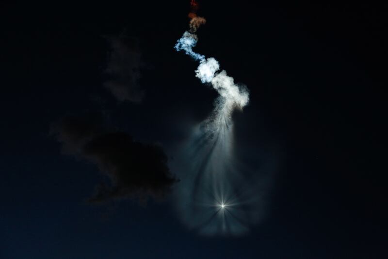 A smoke trail from the Soyuz-2. 1b rocket with 36 UK OneWeb satellites after lift-off from the Vostochny cosmodrome outside the city of Uglegorsk, in the far eastern Russian region of Amur.