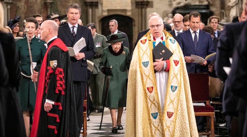 Britain's Queen Elizabeth II attended a service of thanksgiving for the late Prince Philip, Duke of Edinburgh, on Tuesday at Westminster Abbey in London. Reuters