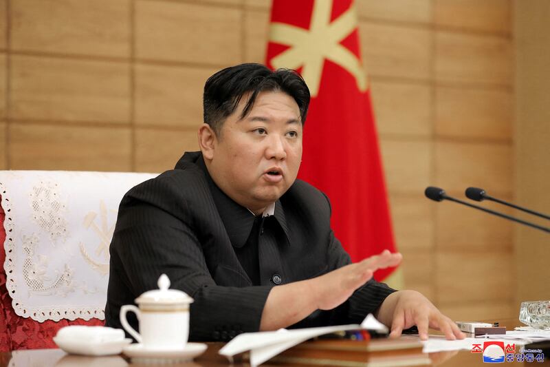North Korean leader Kim Jong Un speaks at a politburo meeting of the Worker's Party on the country's coronavirus outbreak. Reuters.
