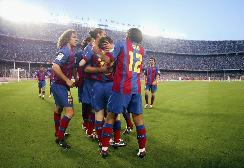 BARCELONA, SPAIN - MAY 1:  FC Barcelona players celebrate Leo Messi's goal during the La Liga match between FC Barcelona and Albacete on May 1, 2005 at Camp Nou stadium in Barcelona, Spain. (Photo by Luis Bagu/Getty Images)