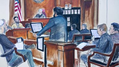 In this courtroom sketch, Turkish-Iranian gold trader Reza Zarrab, third from left in the stand, is questioned by Assistant U.S. Attorney Sidhardha Kamarju, center, while defense attorney Victor Rocco, second from right, and Turkish banker defendant Mehmet Hakan Atilla, right, listen during Zarrab's federal court trial, Wednesday, Nov. 29, 2017, in New York. Zarrab testified that he helped Iran evade U.S. economic sanctions with help from Atilla. (Elizabeth Williams via AP)