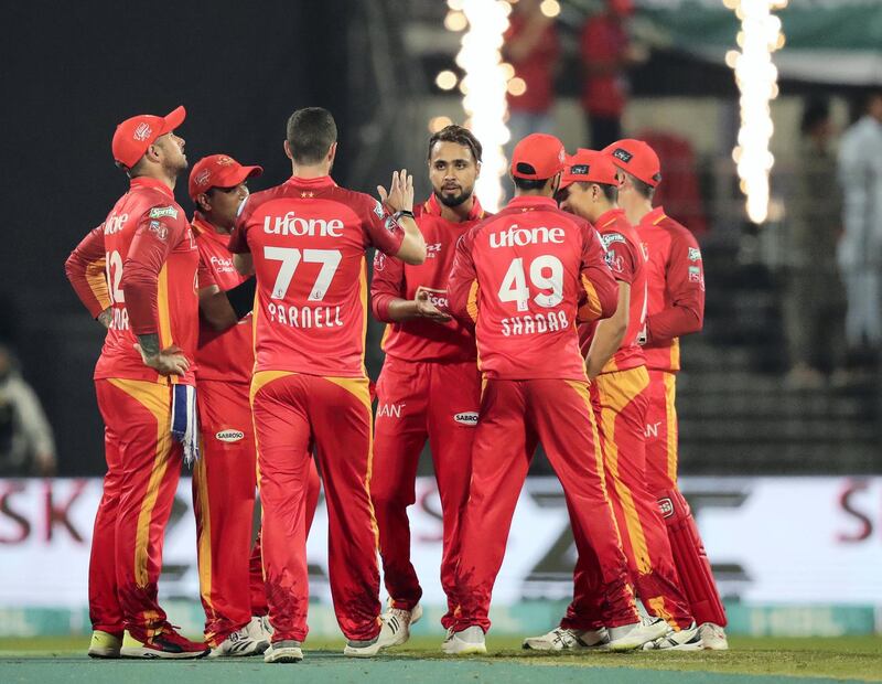 Sharjah, United Arab Emirates - February 23, 2019:  Kings' Liam Livingstone is bowled by United's Faheem Ashraf during the game between Karachi Kings and Islamabad United in the Pakistan Super League. Saturday the 23rd of February 2019 at Sharjah Cricket Stadium, Sharjah. Chris Whiteoak / The National